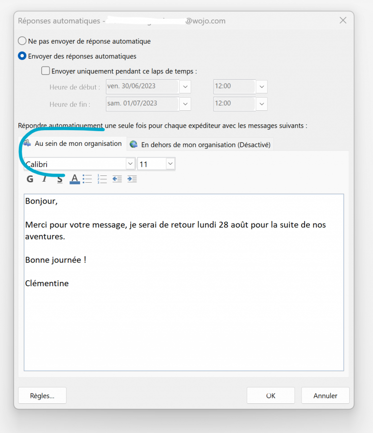 modèle message d absence outlook en anglais
